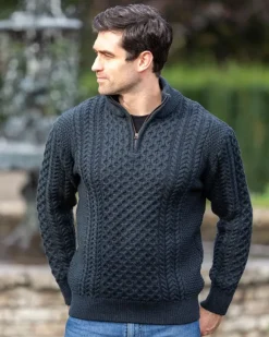 Fashion Sweater Shop Mens Aran Half Zip Neck Sweater Blackwatch