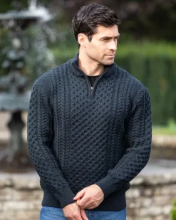 Fashion Sweater Shop Mens Aran Half Zip Neck Sweater Blackwatch