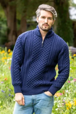 Hot Sweater Shop Mens Aran Half Zip Neck Sweater Deep Water Blue