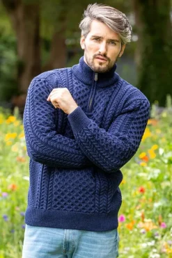 Hot Sweater Shop Mens Aran Half Zip Neck Sweater Deep Water Blue