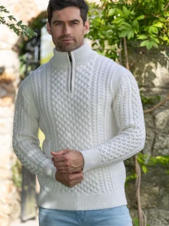 Discount Sweater Shop Mens Aran Half Zip Neck Sweater Natural
