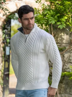 Discount Sweater Shop Mens Aran Half Zip Neck Sweater Natural