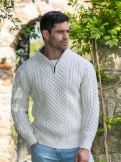 Discount Sweater Shop Mens Aran Half Zip Neck Sweater Natural