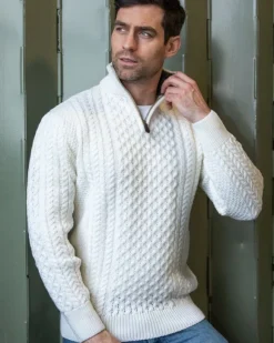 Discount Sweater Shop Mens Aran Half Zip Neck Sweater Natural