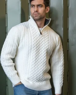Discount Sweater Shop Mens Aran Half Zip Neck Sweater Natural