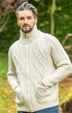 Fashion Sweater Shop Mens Aran Handknit Full Zip Merino Wool Cardigan