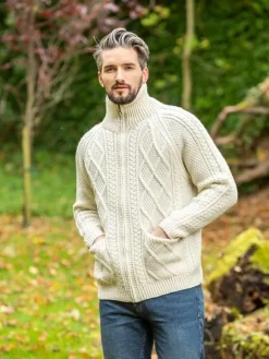 Fashion Sweater Shop Mens Aran Handknit Full Zip Merino Wool Cardigan