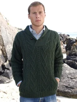 New Sweater Shop Mens Aran Shawl Neck Sweater Green