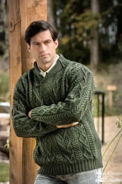 New Sweater Shop Mens Aran Shawl Neck Sweater Green