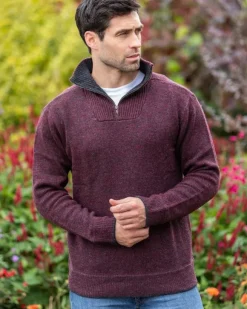Clearance Sweater Shop Men's Burgundy Lambswool Half Zip Sweater