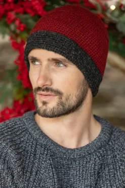 Sale Sweater Shop Mens Crochet Hat Red and Charcoal Rim