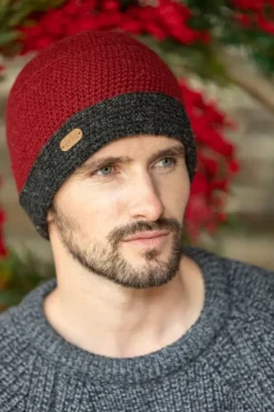 Sale Sweater Shop Mens Crochet Hat Red and Charcoal Rim
