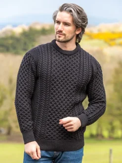 Fashion Sweater Shop Mens Fisherman Merino Wool Sweater Black