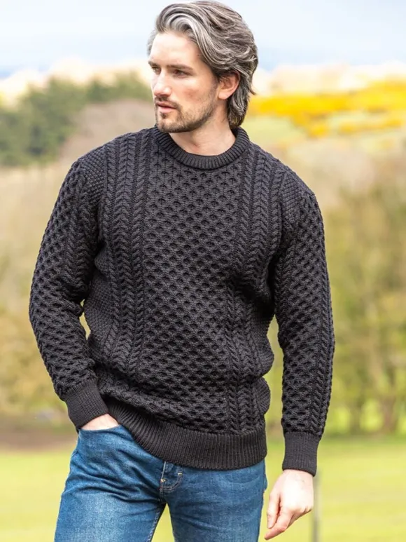 Fashion Sweater Shop Mens Fisherman Merino Wool Sweater Black