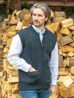 Hot Sweater Shop Mens Full Zip Aran Waistcoat Blackwatch