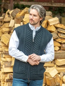 Hot Sweater Shop Mens Full Zip Aran Waistcoat Blackwatch