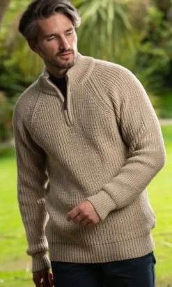Outlet Sweater Shop Men's half zip ribbed sweater Camel