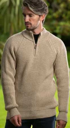 Outlet Sweater Shop Men's half zip ribbed sweater Camel