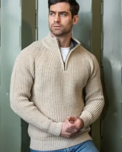 Outlet Sweater Shop Men's half zip ribbed sweater Camel