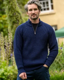 Online Sweater Shop Men's half zip ribbed sweater Deep Water Blue