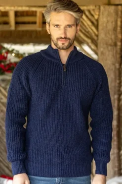 Online Sweater Shop Men's half zip ribbed sweater Deep Water Blue