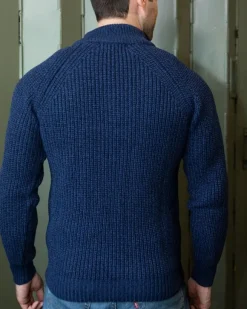 Online Sweater Shop Men's half zip ribbed sweater Deep Water Blue