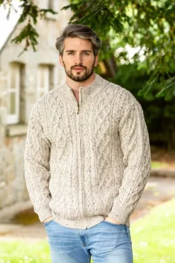 Clearance Sweater Shop Men's Merino Wool Full Zip Aran Cardigan