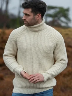 Online Sweater Shop Men's Rib Roll Neck Sweater Natural