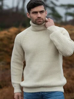Online Sweater Shop Men's Rib Roll Neck Sweater Natural