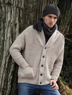 Fashion Sweater Shop Men's Ribbed Shawl Neck Merino Wool Cardigan