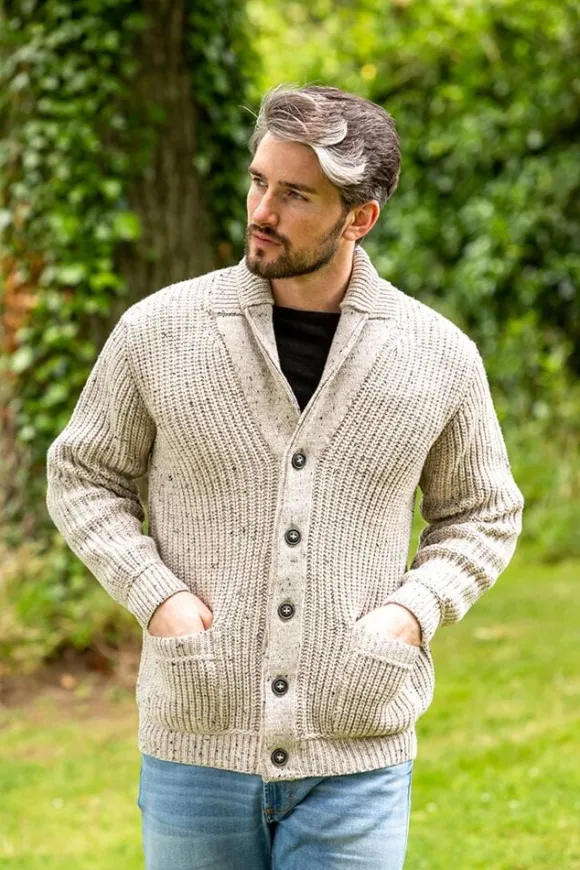 Fashion Sweater Shop Men's Ribbed Shawl Neck Merino Wool Cardigan