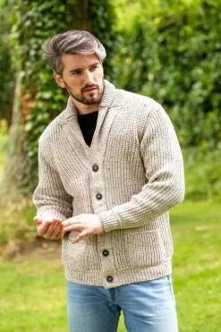 Fashion Sweater Shop Men's Ribbed Shawl Neck Merino Wool Cardigan