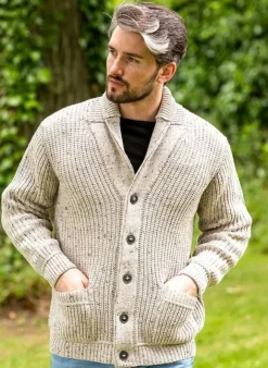 Fashion Sweater Shop Men's Ribbed Shawl Neck Merino Wool Cardigan