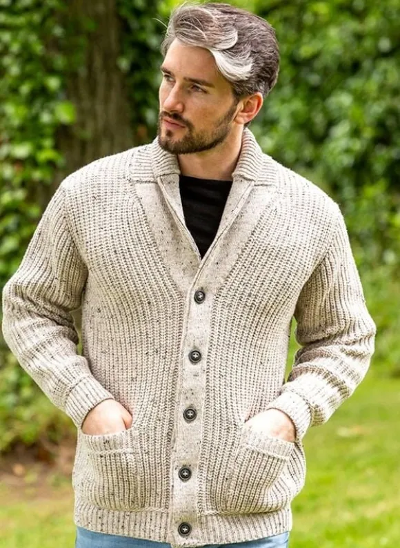 Fashion Sweater Shop Men's Ribbed Shawl Neck Merino Wool Cardigan