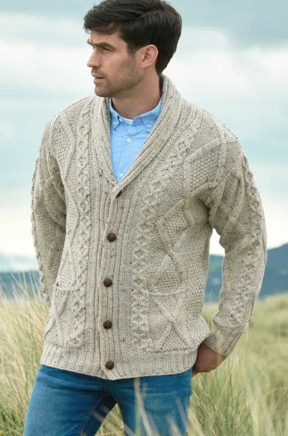 Fashion Sweater Shop Men's Shawl Collar Aran Cable Stitch Cardigan