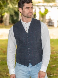Online Sweater Shop Mens Tweed Waistcoat Blue Overcheck