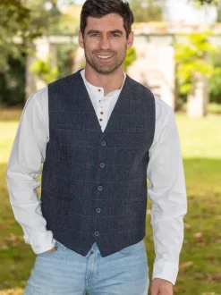Online Sweater Shop Mens Tweed Waistcoat Blue Overcheck