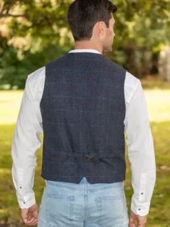 Online Sweater Shop Mens Tweed Waistcoat Blue Overcheck