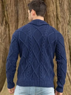 Hot Sweater Shop Men's V Neck Aran Cardigan Deep Water Blue