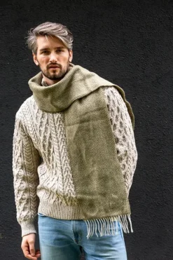 Clearance Sweater Shop Men's Wool and Cashmere Moss Green Herringbone Scarf