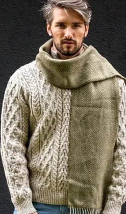 Clearance Sweater Shop Men's Wool and Cashmere Moss Green Herringbone Scarf