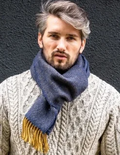 Discount Sweater Shop Men's Wool and Cashmere Navy/Mustard Herringbone Scarf 2433