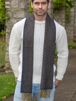 Discount Sweater Shop Men's Wool and Cashmere Navy/Mustard Herringbone Scarf 2433