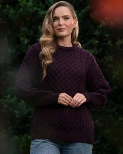 New Sweater Shop Merino Wool Aran Sweater Damson - Unisex
