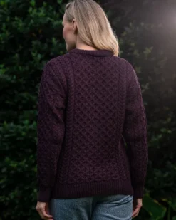 New Sweater Shop Merino Wool Aran Sweater Damson - Unisex