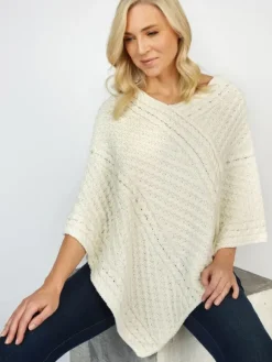 New Sweater Shop Merino Wool V Neck Poncho - Natural Yarn