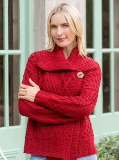 New Sweater Shop One Button Aran Patchwork Cardigan Red
