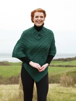 Discount Sweater Shop One Size Cable Knit Poncho with Buttons Green Marl