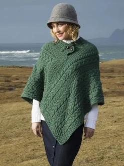 Discount Sweater Shop One Size Cable Knit Poncho with Buttons Green Marl