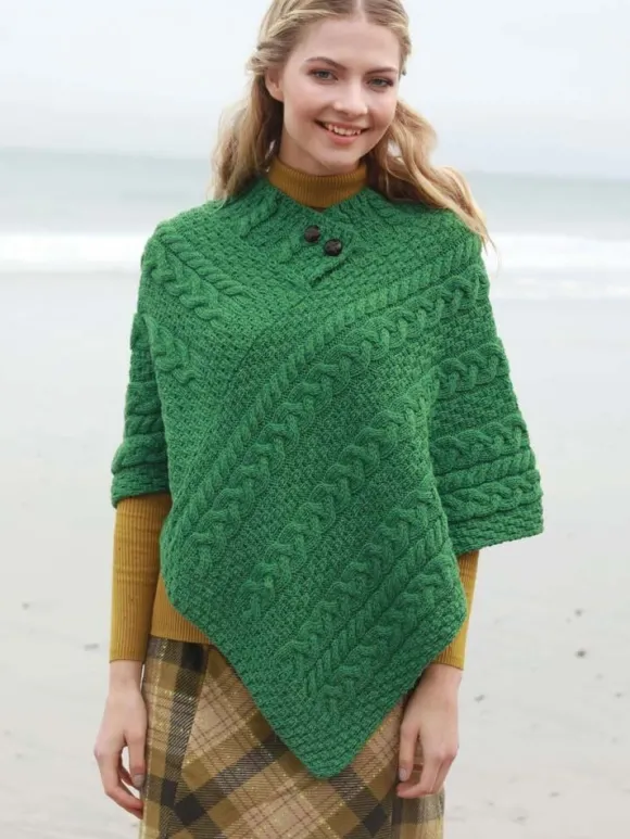 Hot Sweater Shop One Size Cable knit Poncho with Buttons Kelly Green